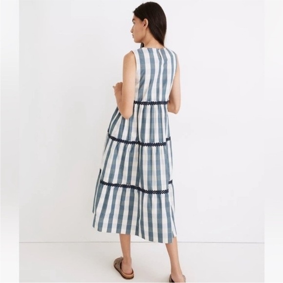 MADEWELL Rickrack Cattail Tiered Dress Sz L Blue White Gingham Check Cotton NWT - Picture 2 of 8